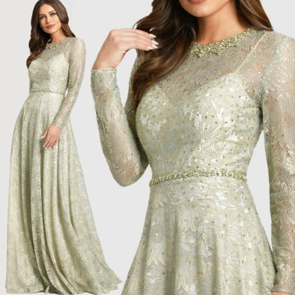 Mac Duggal 491881 Womens Sage Green Gold Long Sleeve Floral Lace Gown Dress - Picture 1 of 7